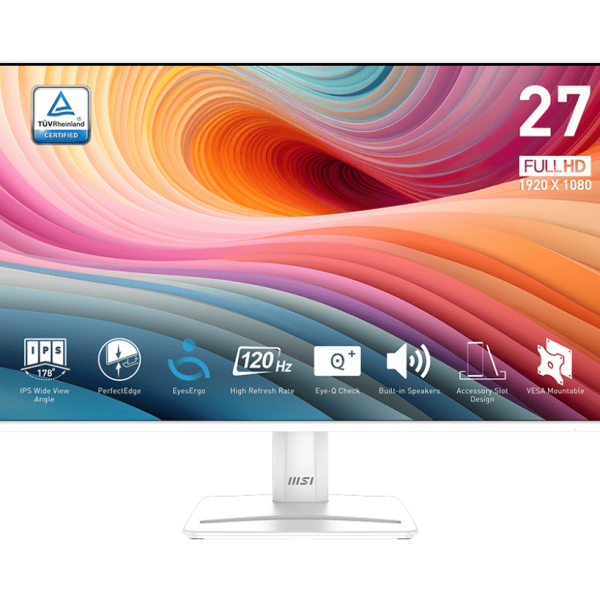 MSI Monitor PRO MP275W E2 27" IPS FHD 1920x1080 120Hz 16:9 Contrast 1500:1 4ms 16.7 Million 300 cd/m2 178(V) / 178(H) 1xHDMI 1xDP 1xVGA speaker White