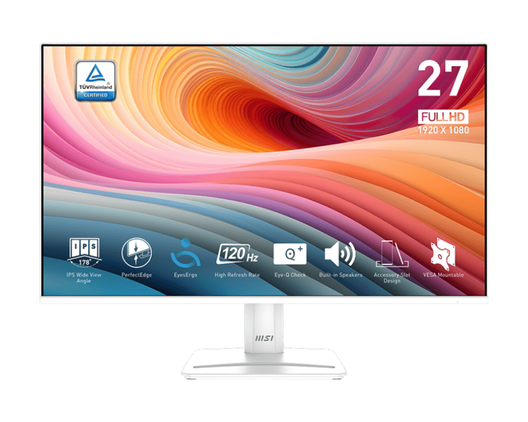MSI Monitor PRO MP275W E2 27" IPS FHD 1920x1080 120Hz 16:9 Contrast 1500:1 4ms 16.7 Million 300 cd/m2 178(V) / 178(H) 1xHDMI 1xDP 1xVGA speaker White