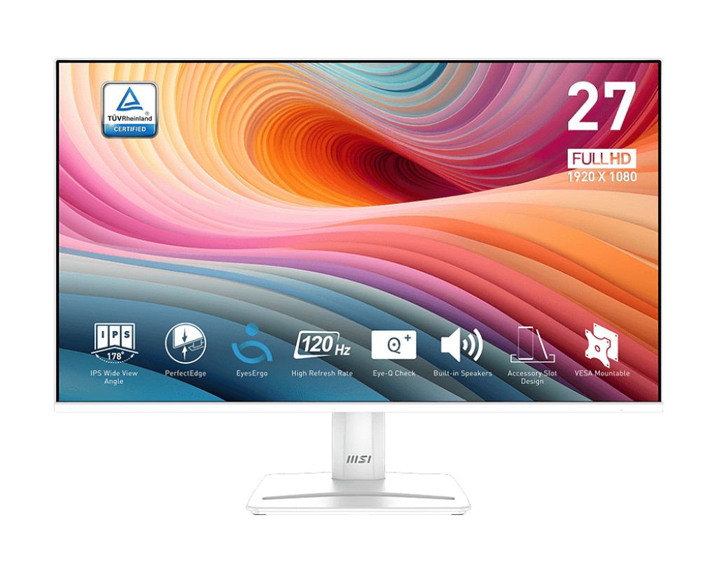 MSI Monitor PRO MP275W E2 27" IPS FHD 1920x1080 120Hz 16:9 Contrast 1500:1 4ms 16.7 Million 300 cd/m2 178(V) / 178(H) 1xHDMI 1xDP 1xVGA speaker White