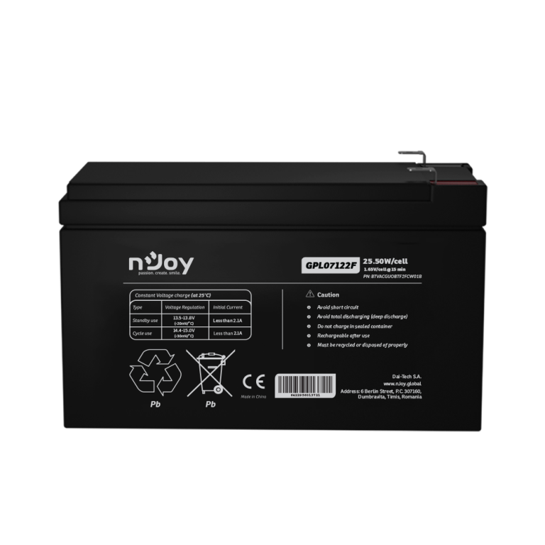 nJoy Lead-Acid AGM battery 12v 7ah F2 (T2) Terminal 9yr BTVACGUOBTF2FCW01B