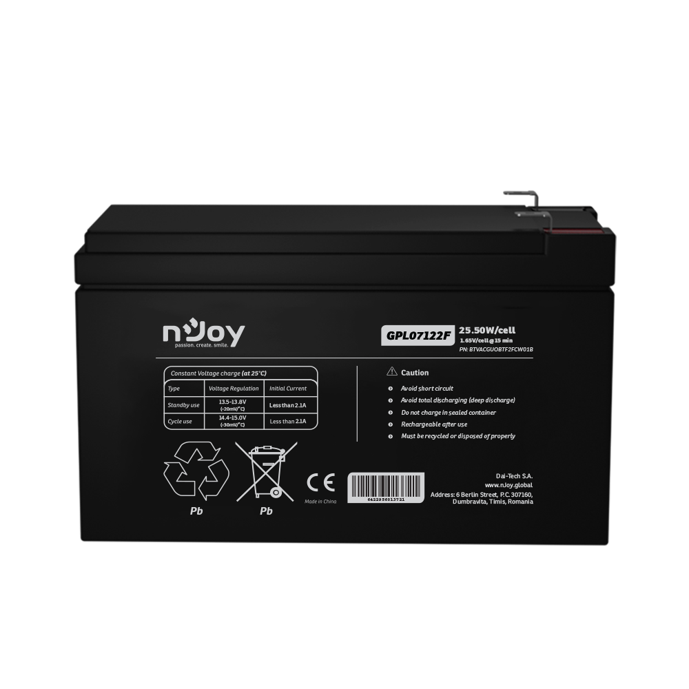 nJoy Lead-Acid AGM battery 12v 7ah F2 (T2) Terminal 9yr BTVACGUOBTF2FCW01B