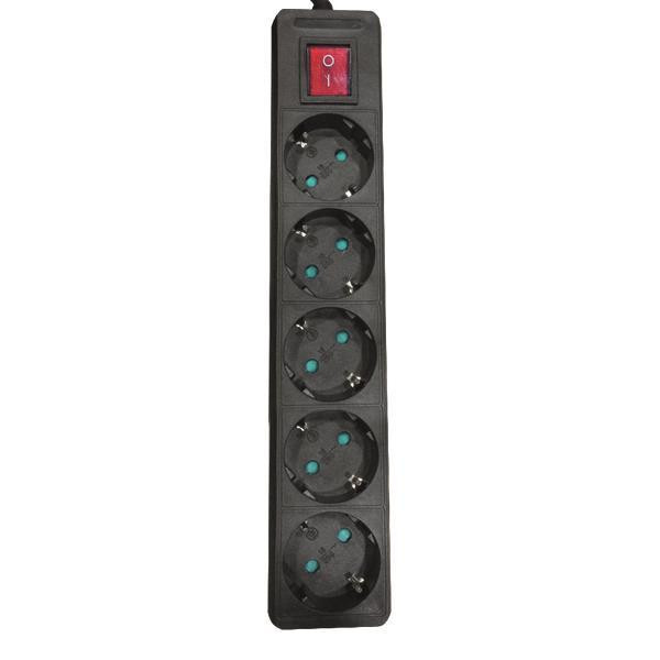 SOCKET 5 SCHUKO HOLES CABLE 3X1,5mm EXTENSION 1,5m BLACK WITH SWITCH & SHUTTER PROTECTION