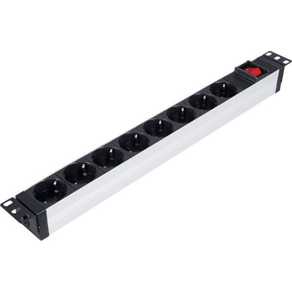 LANDE PDU. 8 X SCHUKO SOCKETS. 2U. ALUMUNIUM HOUSING. 1X16A CCT BREAKER. BLACK LN-PRZ-ONF-1U8P-SC