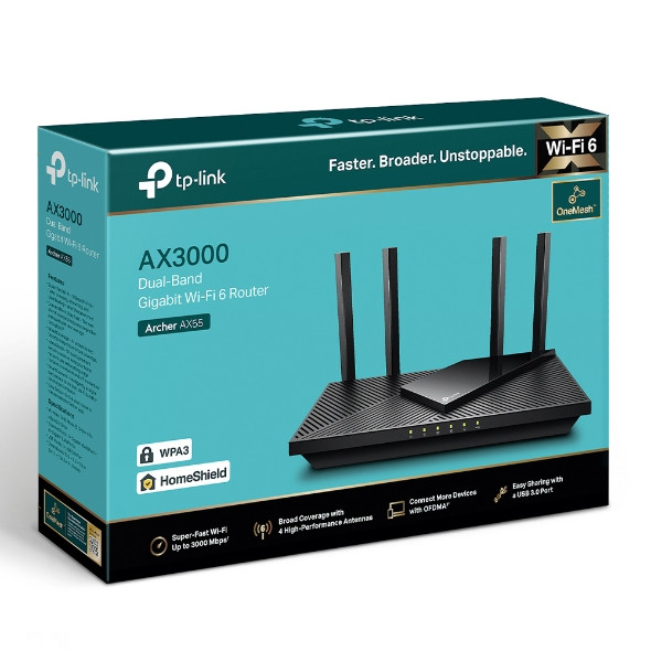 TP-Link Router Wi-Fi AX3000 Gigabit Dual Band 4 Antennas MU-MIMO 2402 Mbps on the 5 GHz band and 574 Mbps on the 2.4 GHz band