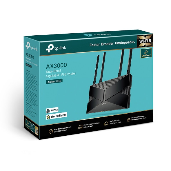 TP-Link Router AX3000 Dual Band Wi-Fi 6 Gigabit  5 GHz 2402 Mbps (802.11ax) 2.4 GHz 574 Mbps (802.11ax) Four high-gain external antennas and Beamforming technology ARCHER AX53